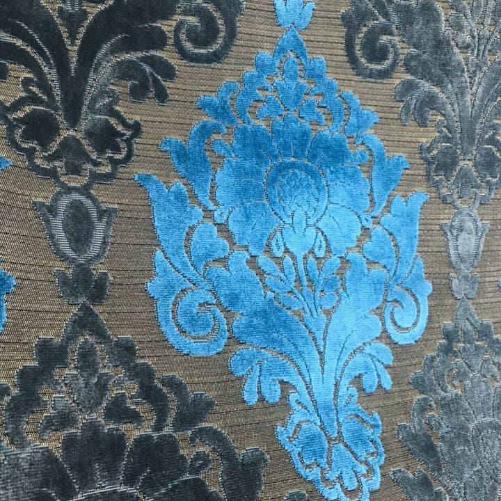Fancy Styles Fabric – Großhandel Stoff – Prince John Novelty italienischer Burnout-Polsterstoff aus Chenille-Samt, Blau-Gold1