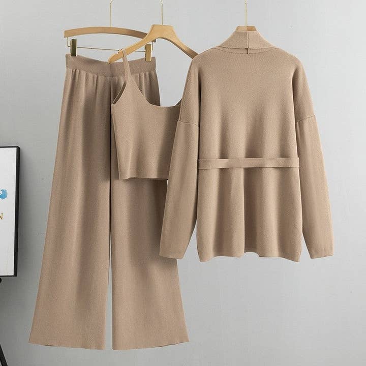 UZ Wholesale Store - Wholesale Top & Pant Set (NOT Loungewear) - Women's - Solid Color Knit Cardigan And Camisole With Long Pants Set