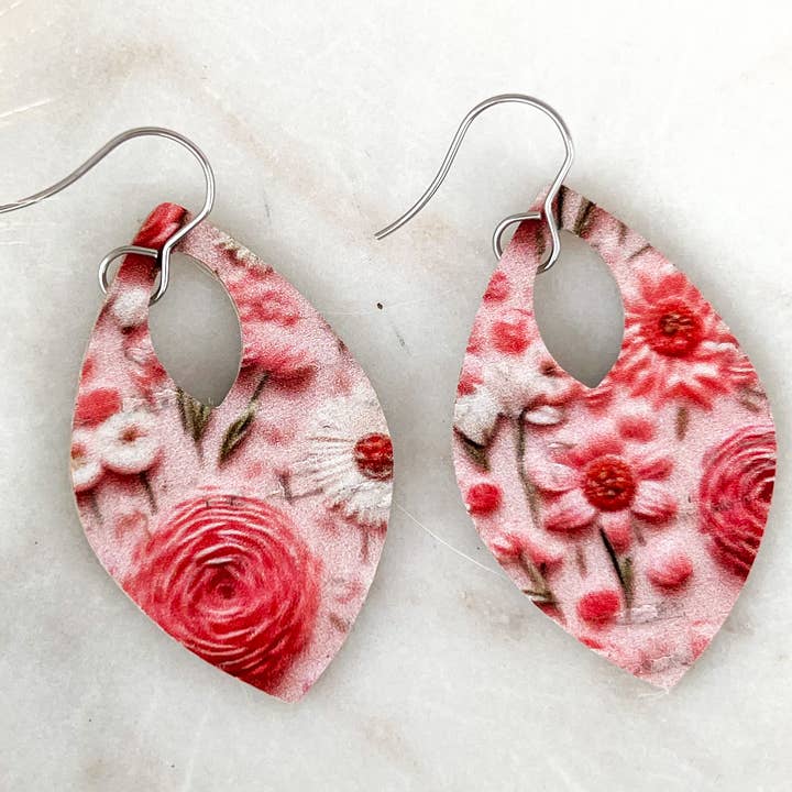 Pink Rose Floral Leather Teardrop Earrings for wholesale by Fran and Bel