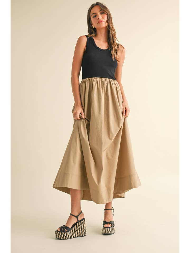 MIOU MUSE - Wholesale Dress - Women's - D4455 RIBBED TOP WOVEN SKIRT COMBO DRESS