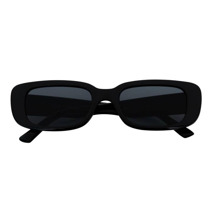 SLIM - Lunettes de soleil rectangulaires étroites rétro des années 90, noir brillant avec teinte fumée pour la vente par Morspecs
