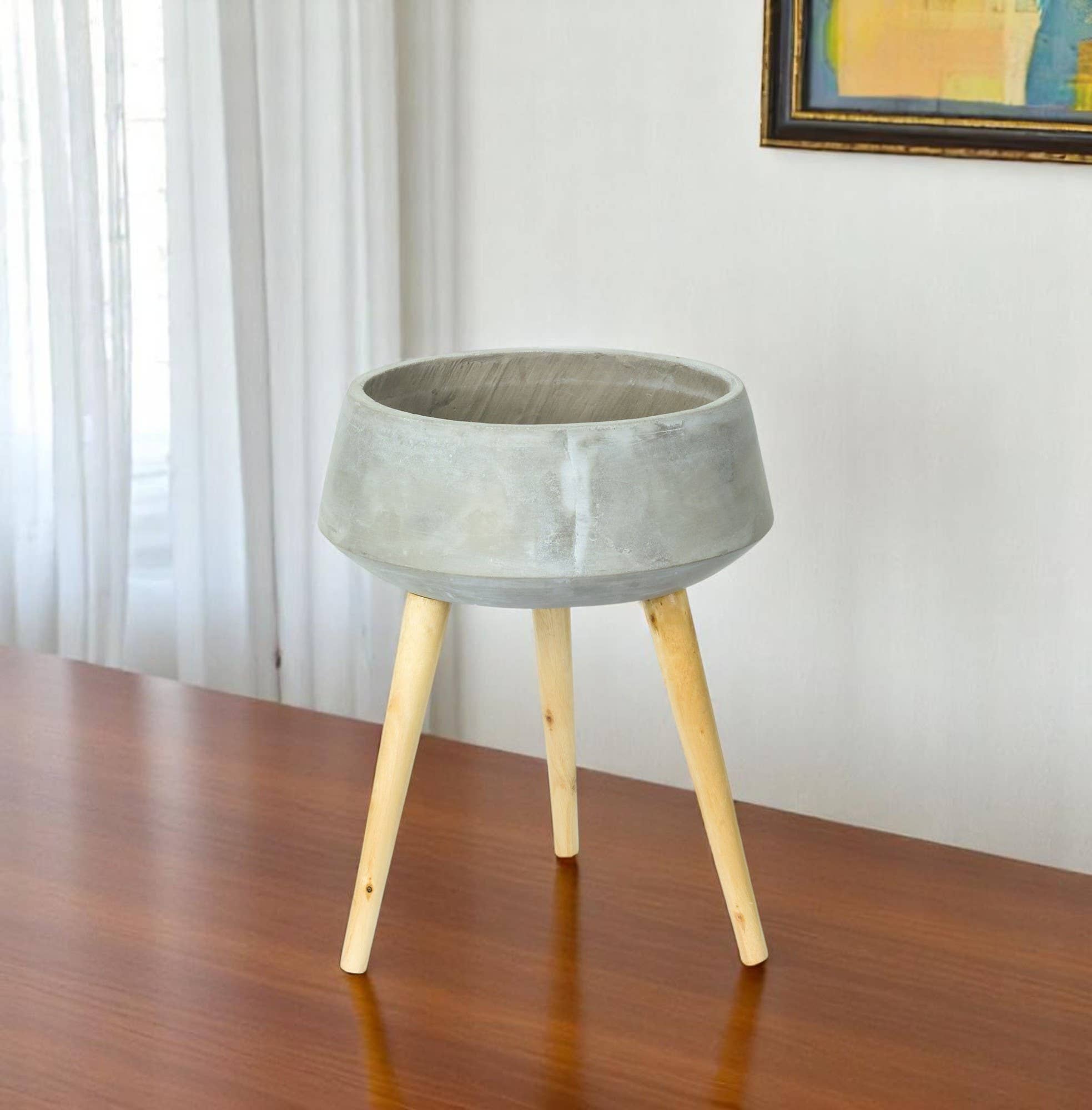 HomeRoots – Großhandel Blumentopf innen – Grauer Zement- und Holz-81-Unzen-runder, verwitterter Topf-Pflanzer mit Ständer1