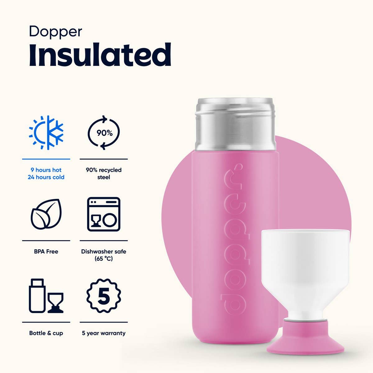 Dopper - Wholesale Geïsoleerd drinkgerei - Dopper geïsoleerde thermosfles Pelican Roze 580 ml1