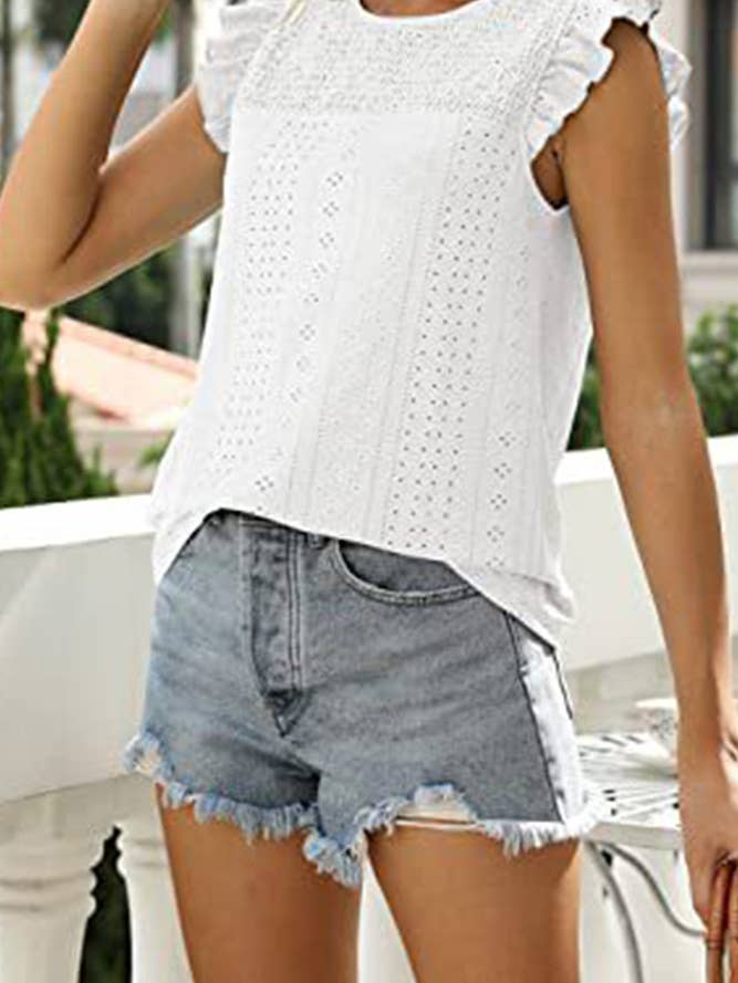 Plain Smocked Eyelet Pattern Flutter Sleeves Top YDJR011 for wholesale by UNISHE