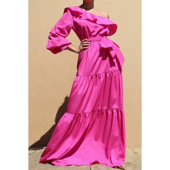 Maxi abito monospalla arricciato con cravatta per la vendita all'ingrosso da parte di Black Pearl Clothing