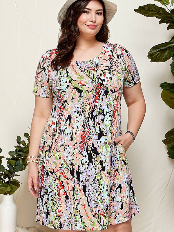 Shopin LA - Wholesale Dress - Women's - SPD7028P(2XL) - PLUS FLORAL SHORT SLEEVE DRESS WITH POCKETS