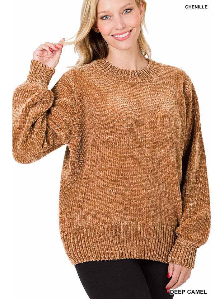 Vanilla Monkey - Wholesale Knit Sweater - Women's - Round Neck Balloon Sleeve Chenille Sweater1