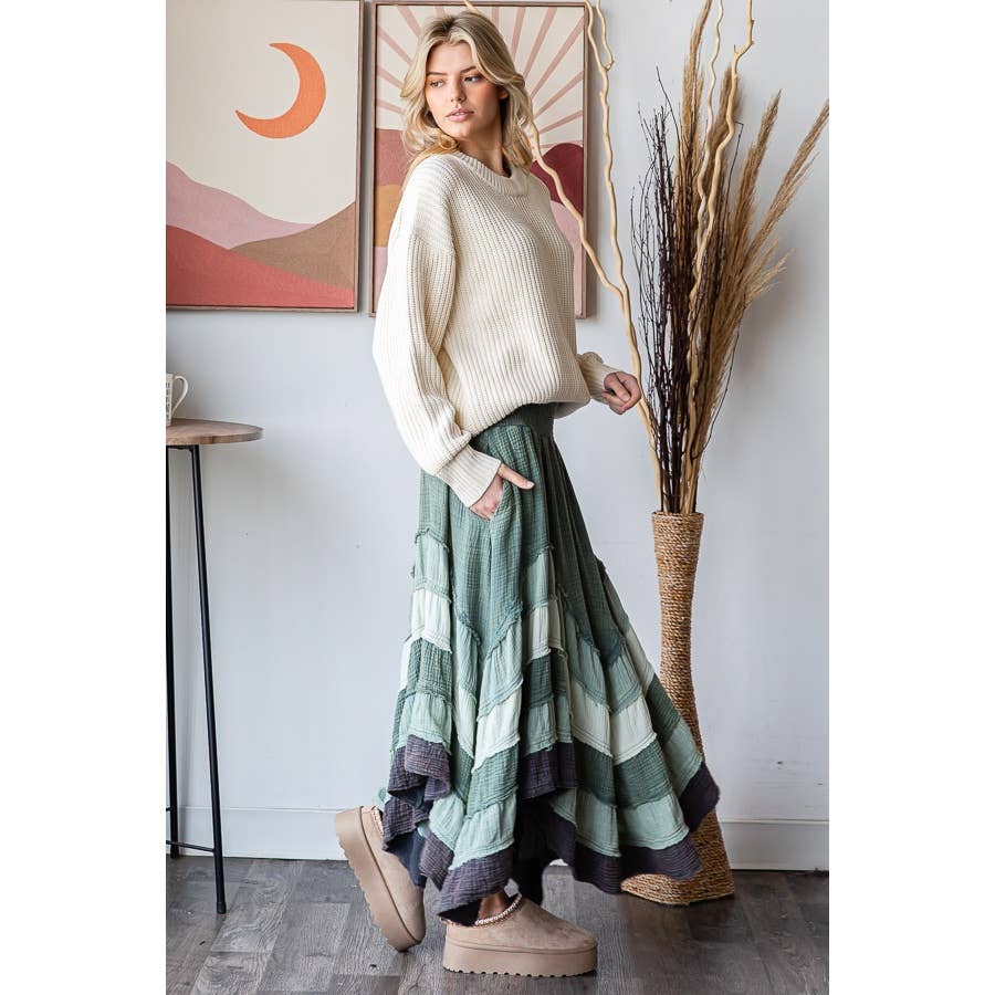 Oli&Hali – wholesale Skirt – Women’s – WASHED TIERED SMOCKED WAIST FLARE HEM SKIRT3