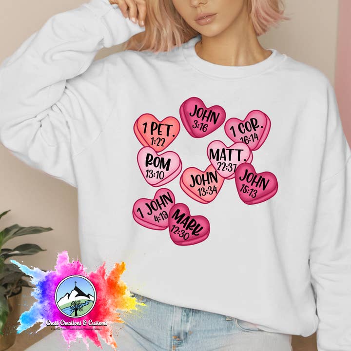 Valentines Day-Christian- Candy Hearts Scripture- Sweatshirt for wholesale by Honey & Haven