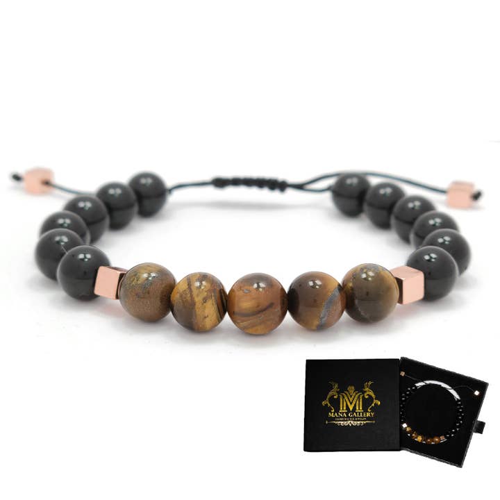 Unisex 8mm Tiger Eye and Onyx Bracelet - Empowering for wholesale by Mana Gallery