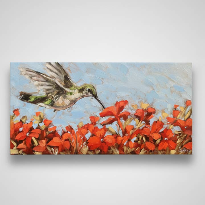 Impression sur toile en forme de colibri, décoration d'intérieur rouge, printemps extérieur pour la vente par Rustic Nester
