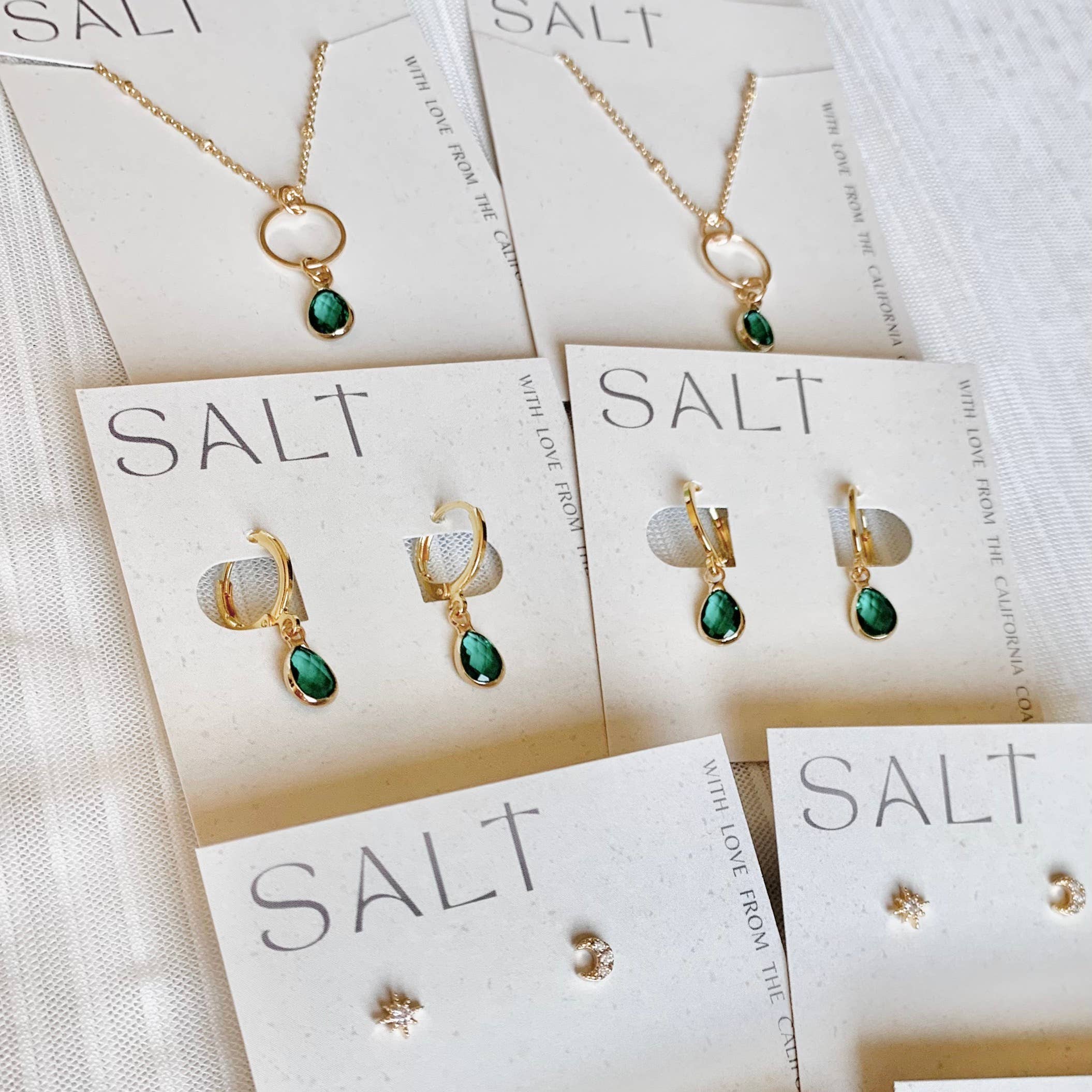 SALT by Sarah Curtis - Wholesale Huggie Earrings - TEAL EMERALD GEM HOOPS | gold | faceted gem earrings2