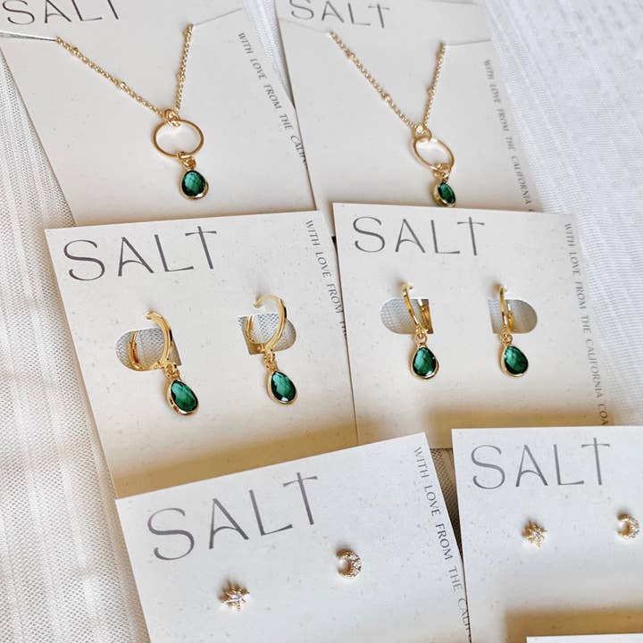 SALT by Sarah Curtis - Wholesale Huggie Earrings - TEAL EMERALD GEM HOOPS | gold | faceted gem earrings2