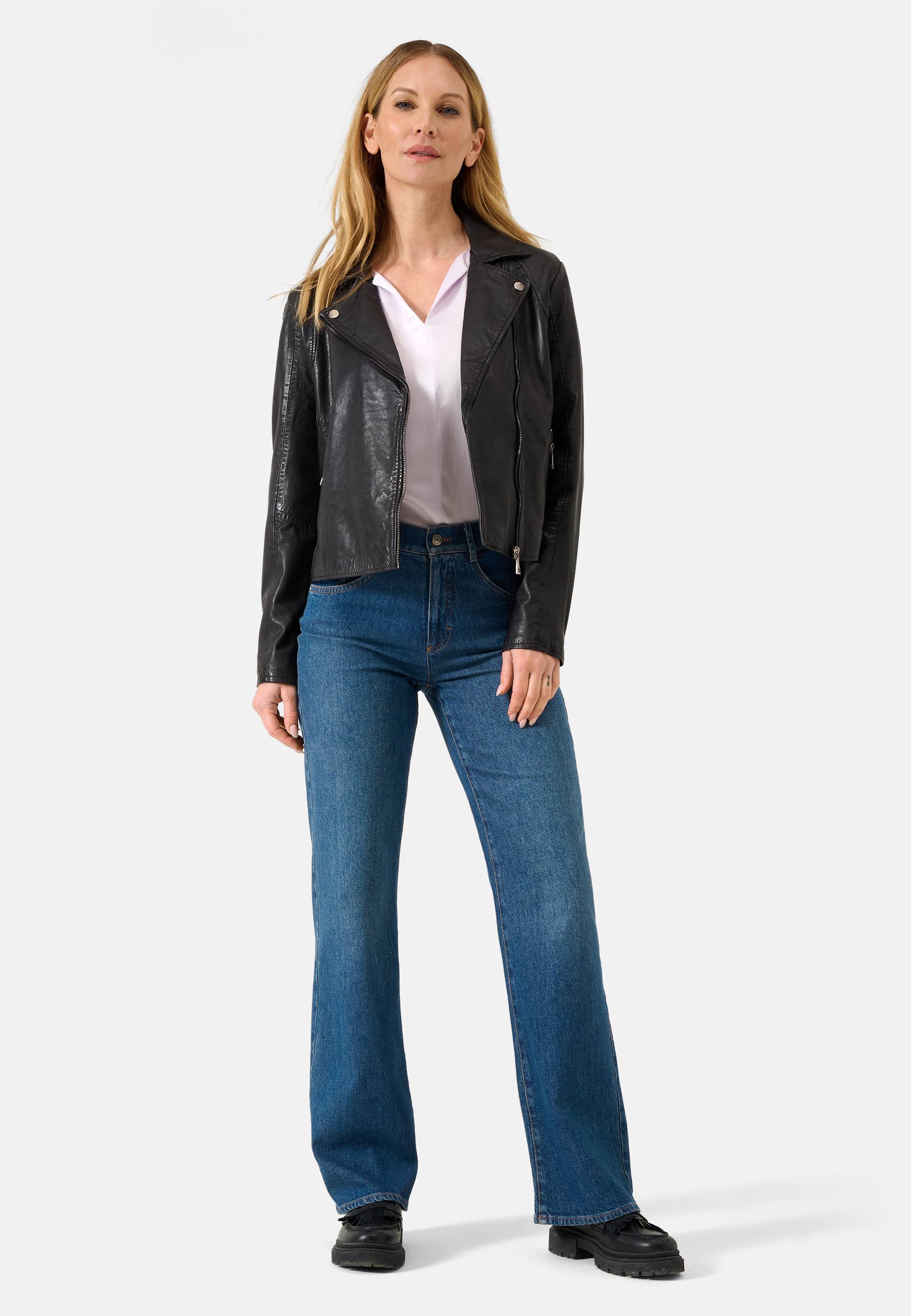 Ricano - Venta al por mayor Chaqueta de cuero - Mujer - Chaqueta biker de cuero de cordero para mujer Antonia con cuello de solapa6