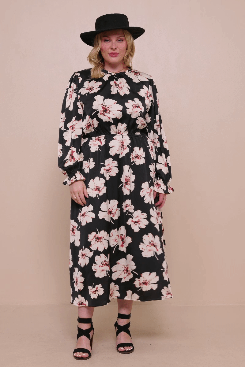 Black Womens Romantic Floral Ruffle Neck Cinched Cuff Dress for wholesale on Faire7