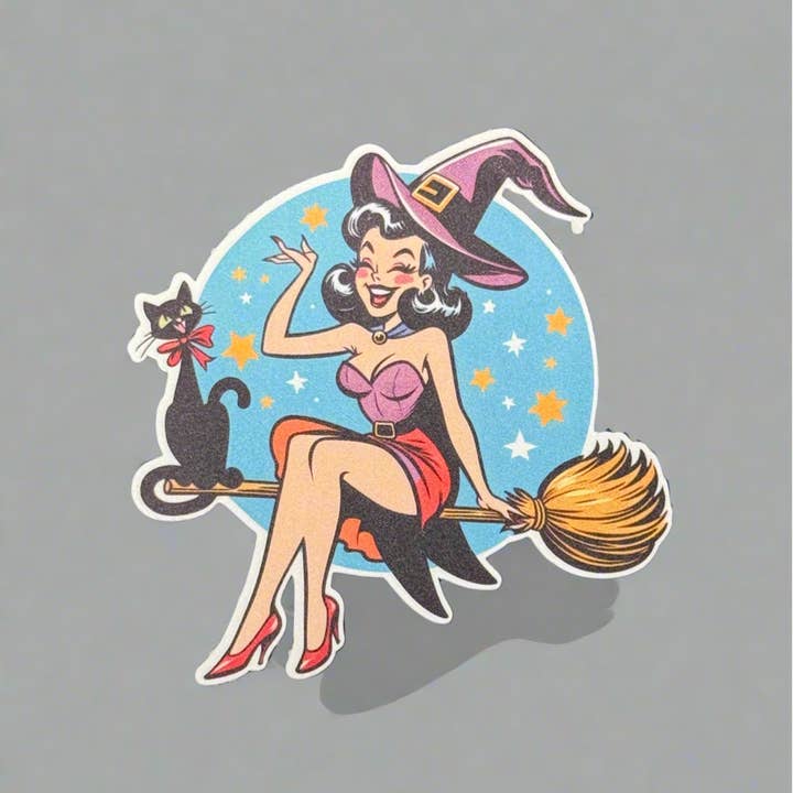 Witch On Broom Stick | 3” Sticker for wholesale by Corksee