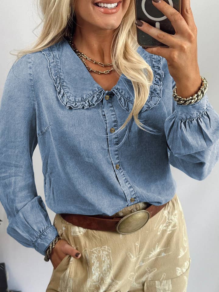 Beau Blue Ruffled Peter Pan Collar Western Denim Shirt for wholesale by Secret Style Source