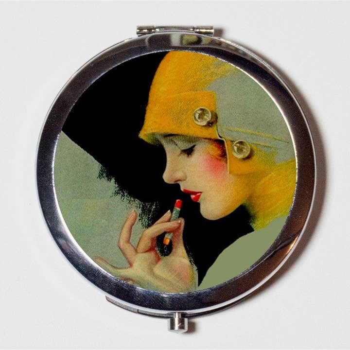 Flapper Putting Lipstick Compact Mirror - Art Deco 1920's Jazz Age Roaring 20s Portrait Elegant - Make Up Pocket Mirror for Cosmetics for wholesale by FringePop