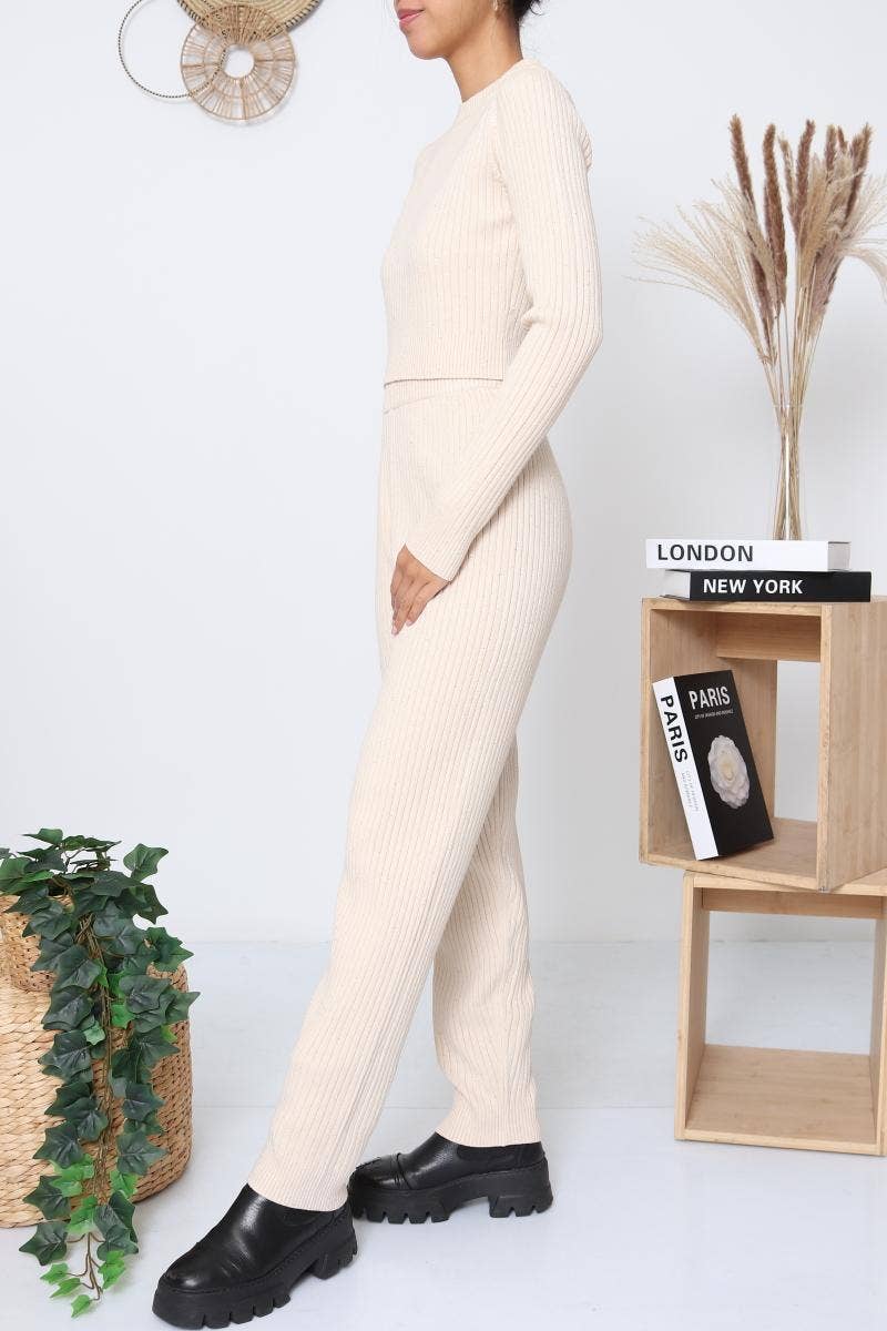 DIX-ONZE - Vente Ensemble haut et pantalon (PAS d'intérieur) - Femme - Ensemble Maille Côtelée – Top Longue Manche & Pantalon1