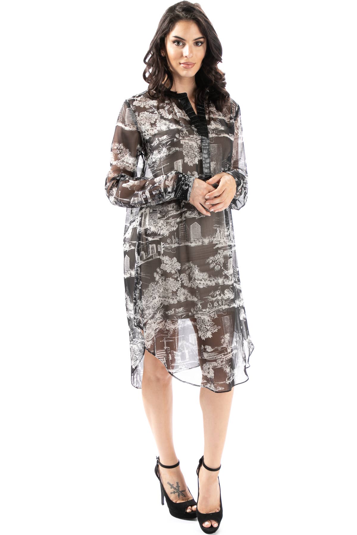 TOV – Engroshandel Tunika - Dame – [OP4162] Faux læder Trim Trykt Sheer Tunika10