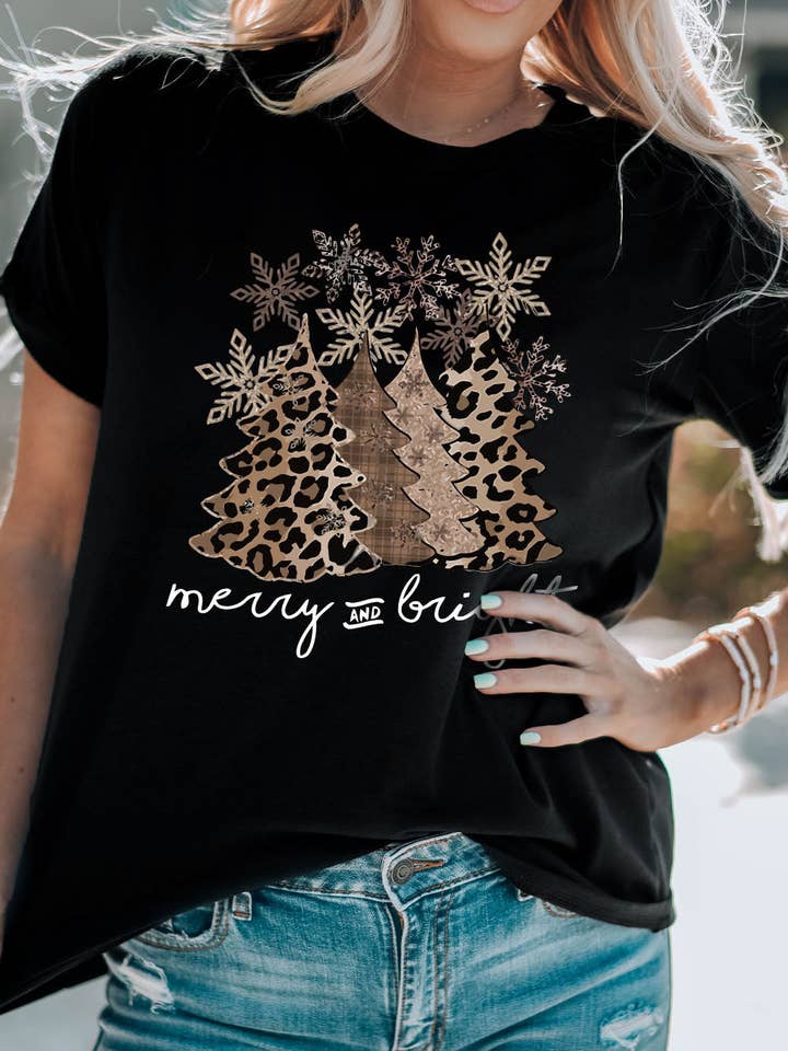 Suhkasana - Wholesale Screen Printed T-Shirt - Women's - Leopard Print Christmas Tree Graphic Holiday T Shirt4