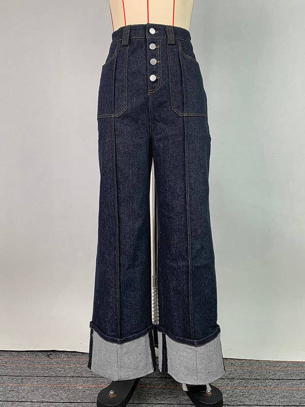 DEEP BLUE High Waist Straight Contrast Split Jean Pants for wholesale on Faire17