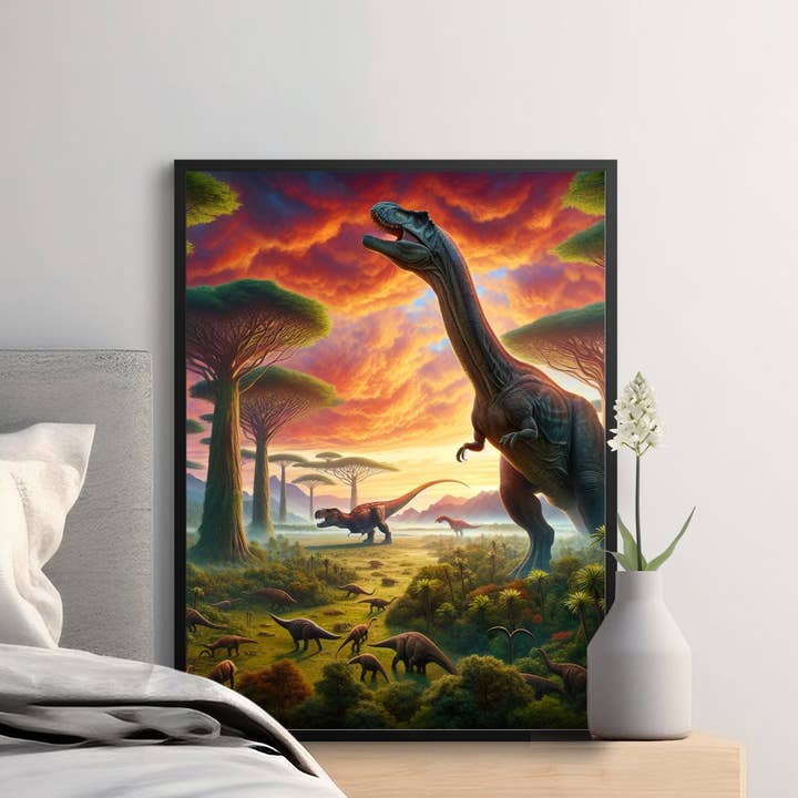 Arte de Parede Colorida com Cena de Dinossauros na Selva, Tela de Vida Pré-Histórica, Poster Grande para Decoração de Quarto Infantil por atacado de FreakyTeeFactory