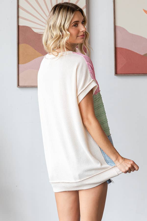 7th Ray - Wholesale Gebreide top - Dames - Kleurblok Gestructureerd Patchwork Korte Mouw Top T594411