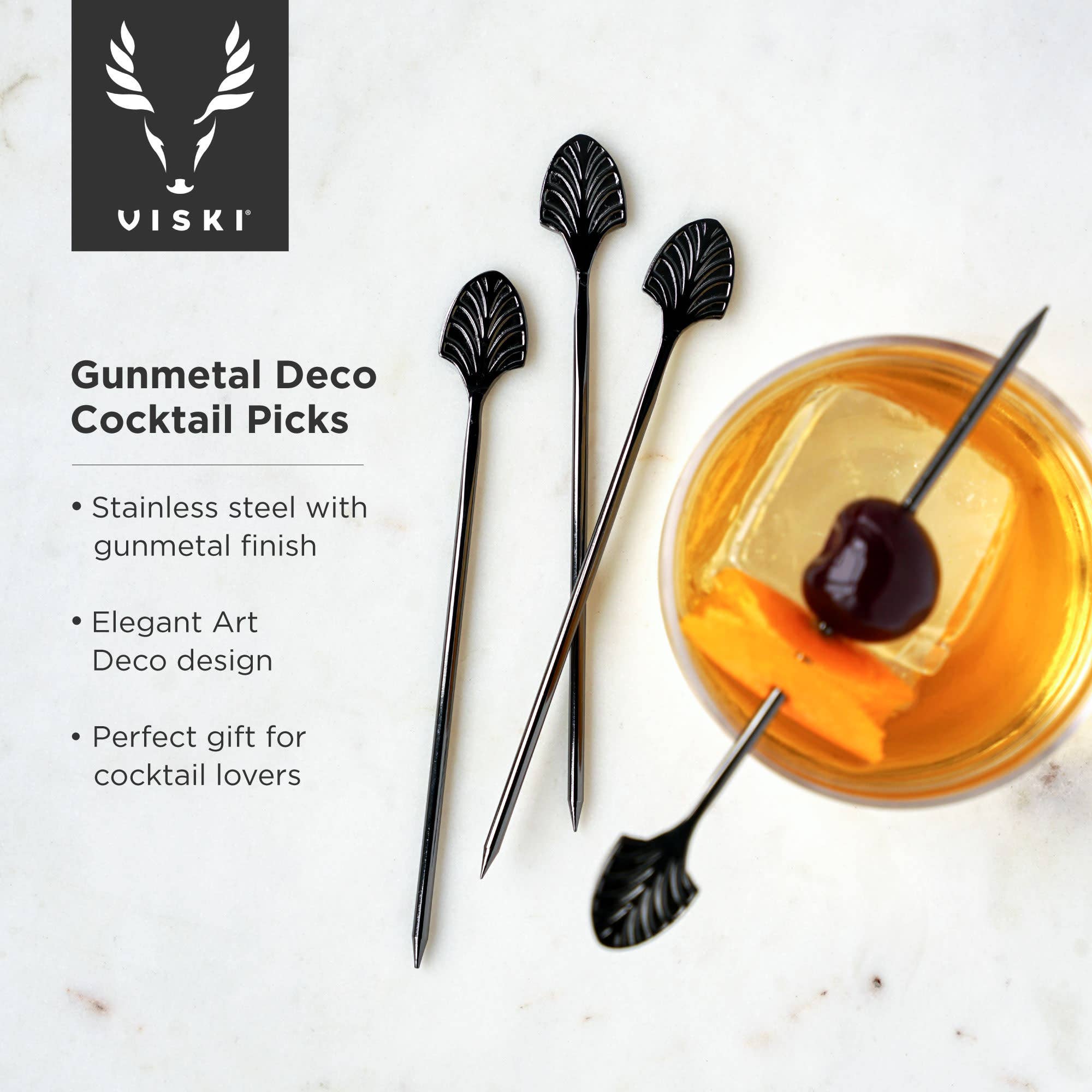 Viski - Wholesale Cocktail Pick - Art Deco Black Gunmetal Plated Cocktail Picks Set of 45