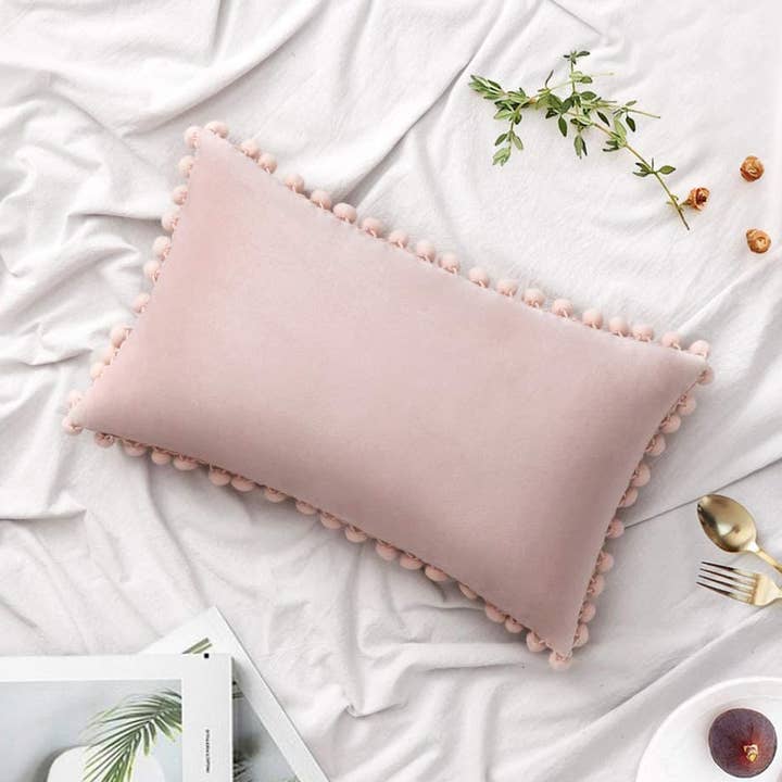 Floorora - Wholesale Throw Pillow Cover - Blush Pink Pom Pom Throw Pillow Cover - Soft Feminine Decor0