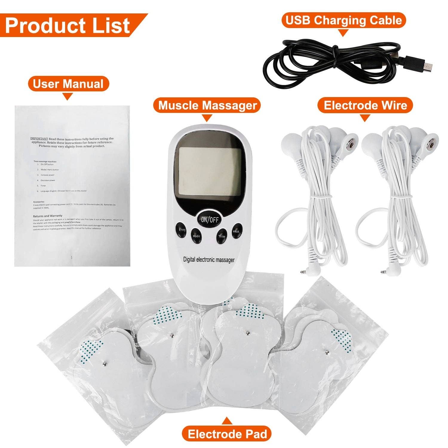 White Electric Muscle Stimulator Dual Channels Pulse Massager Pain Relief Therapy Tens Device with Electrode Pads Wires for wholesale on Faire7