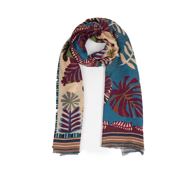 Floral Folk Patchwork Scarf - Taupe Blue for wholesale by Vismaya - A Brand by Shivani LLC