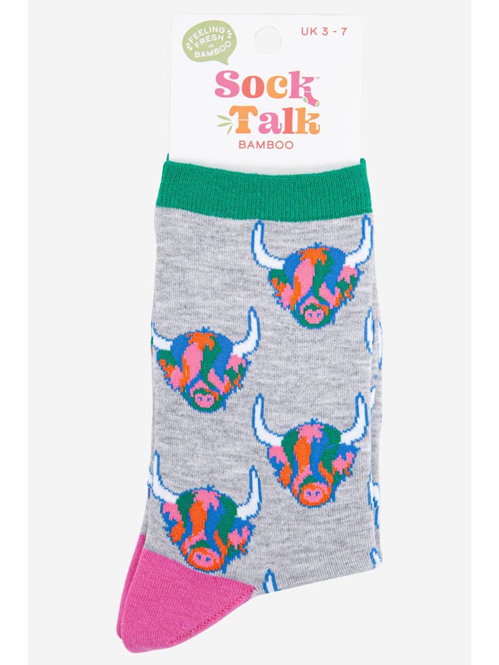 Sock Talk - Wholesale Socks – Women's - Women's Rainbow Highland Cow Print Bamboo Socks in Grey3