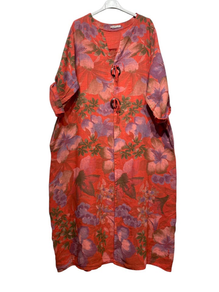 LINEN & COTTON HOUSE - Wholesale Dress - Women's - LINEN DRESS WITH FLORAL PATTERN WITH SIDE POCKETS 94127
