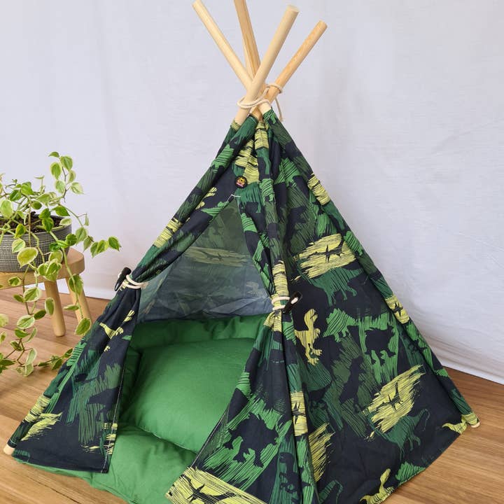 Pebblina – wholesale Husdjursbädd – Hund – Pebblina hundtält med dinosauriemotiv i bomullscanvas3