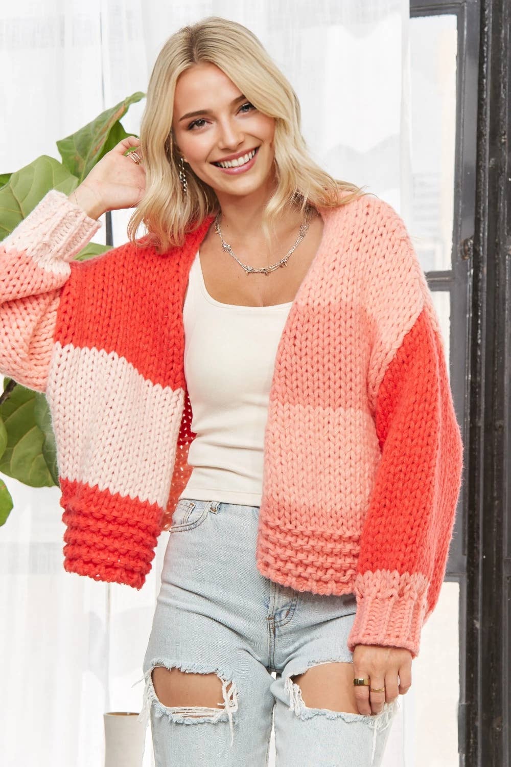 ADORA LA – Engroshandel Cardigan - Dame – CESW3935-FARVERIG STRIKKET CARDIGAN I BLOKKE0