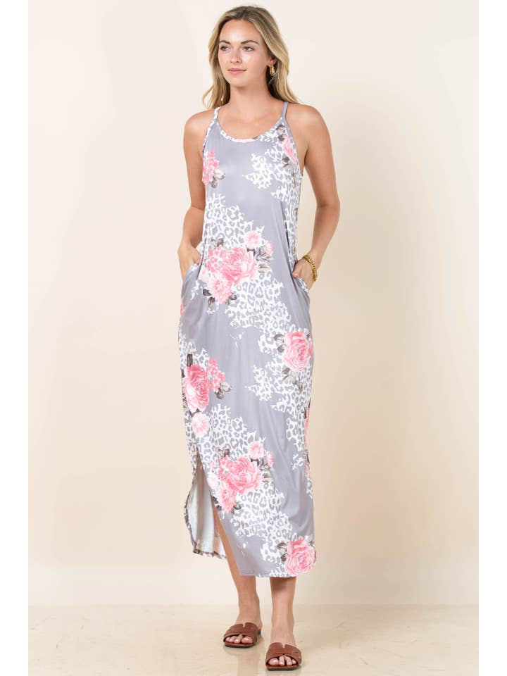 Grau/Coral AV1039-LIDIA FLORALES MAXIKLEID MIT TRÄGERN für den Großhandel auf Faire1