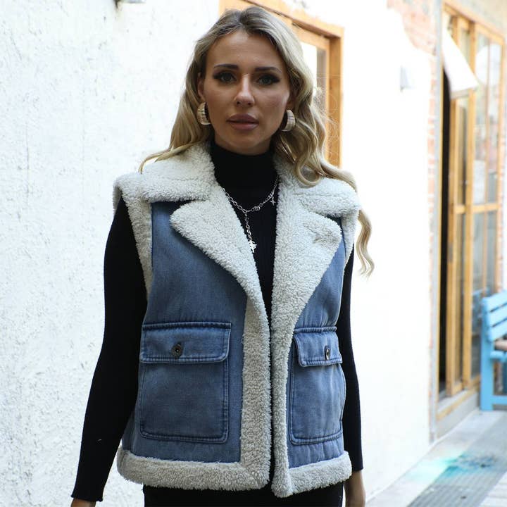 Women's Sherpa Lined Denim Vest for wholesale by The Whole Shebang