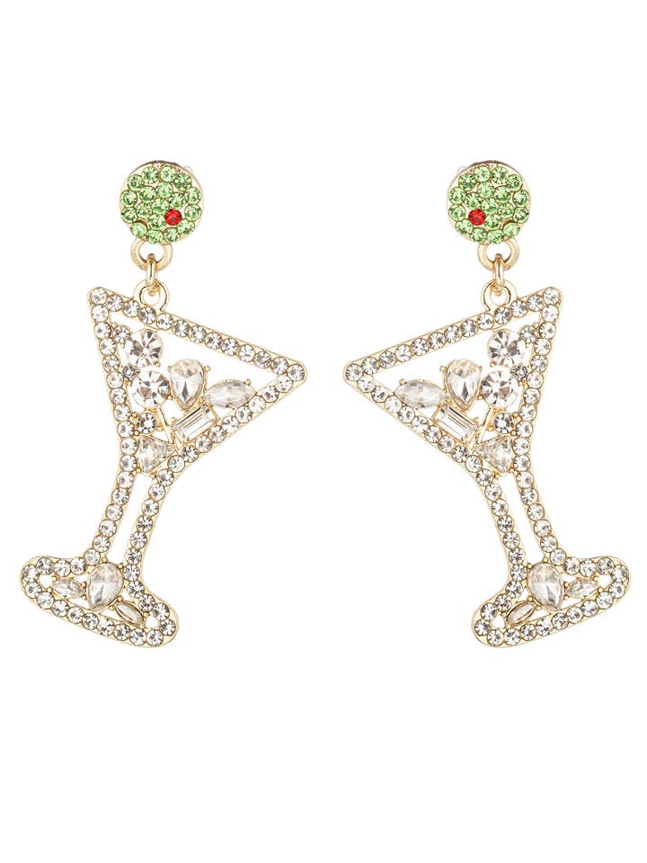 Boucles d'oreilles pendantes Dry Martini en plaqué or 18 carats avec zircone cubique pour la vente par Eye Candy Los Angeles