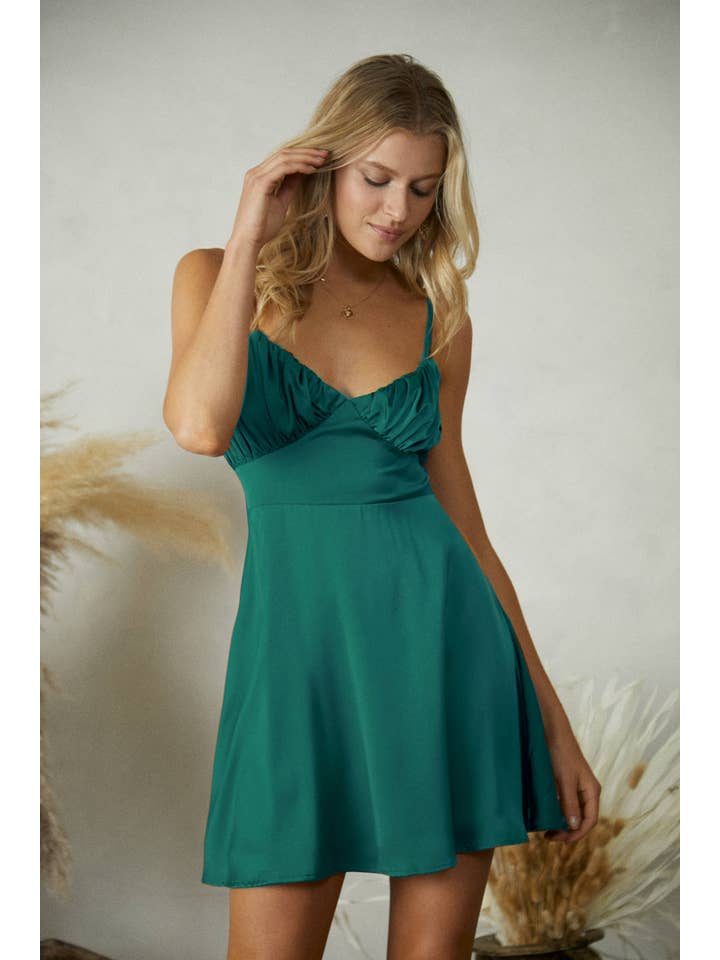 JEWEL GREEN JD6158 Satin Smocked back Dress for wholesale on Faire