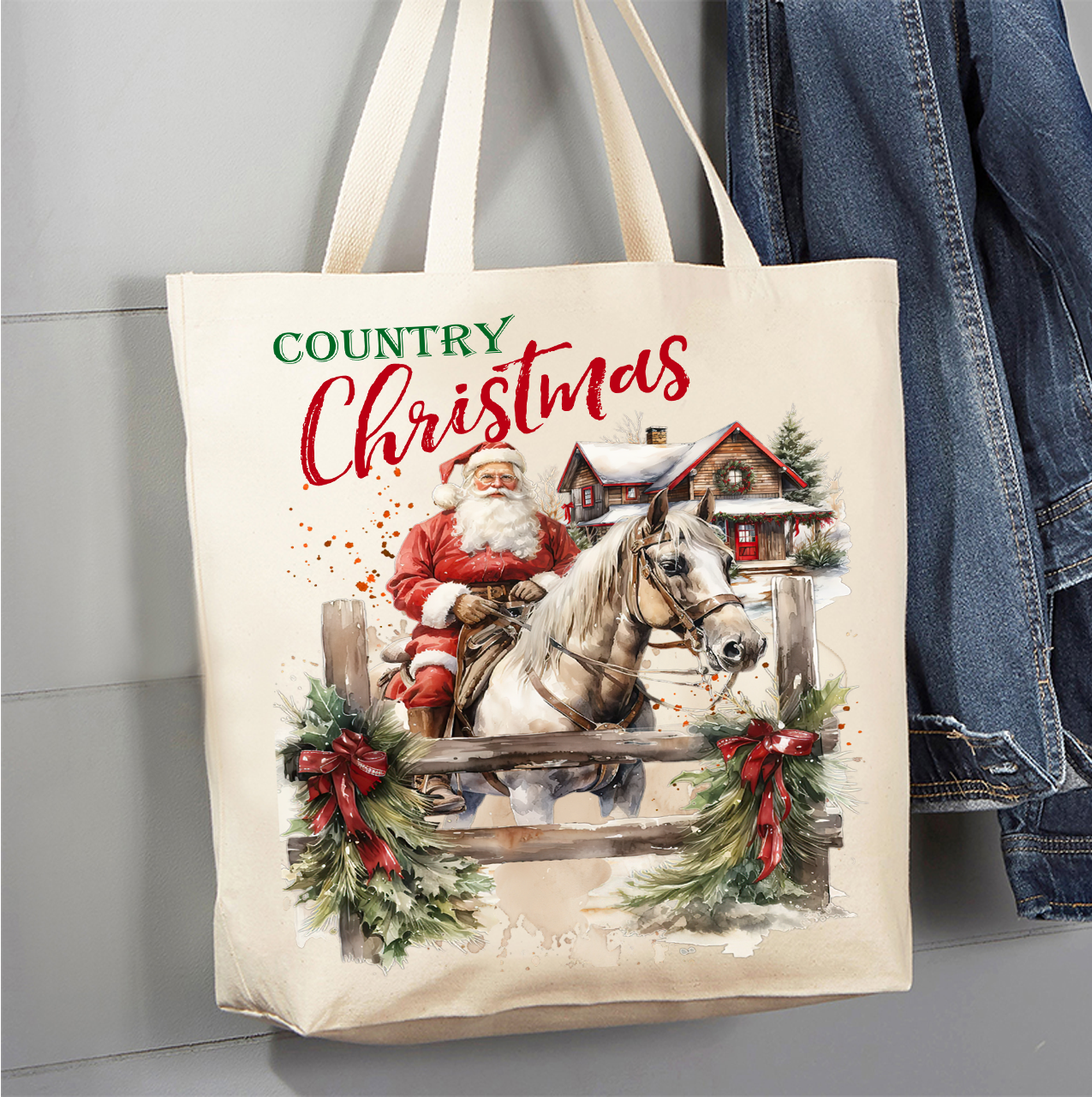 Avery Lane Gifts - Wholesale Draagtas - Dames - Landelijke Kerstmis Kerstman Rijdt Paard Canvas Tas0