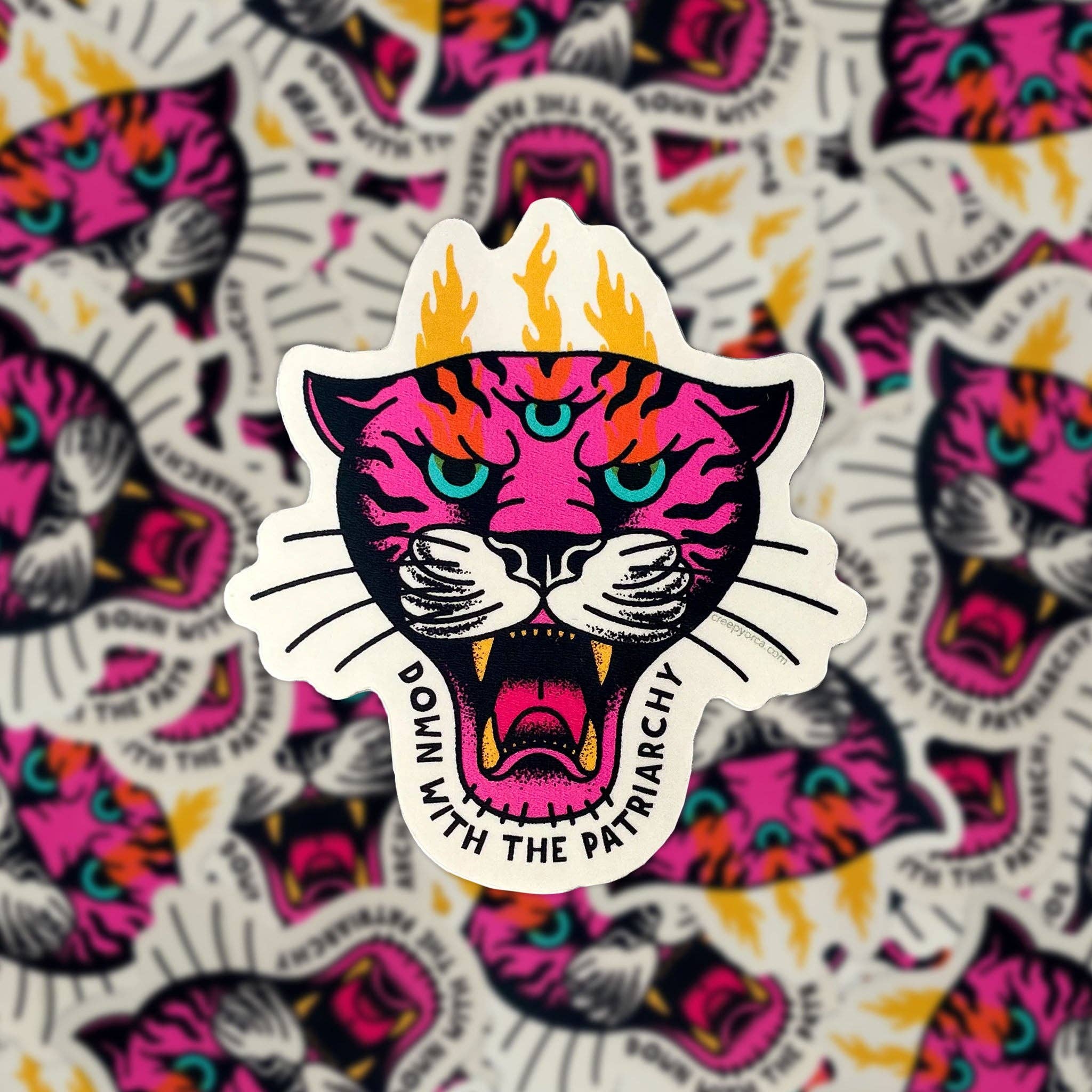 Creepy Orca Supply Company - Wholesale Sticker - Down With The Patriarchy Tiger Die Cut Sticker2