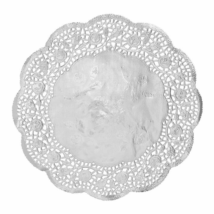 Round Lace Metallic Paper Doilies 10" - Set of 100 - Silver for wholesale on Faire