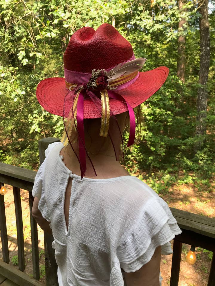 Hand Painted Red Fine Straw Cowboy Hat w/Dried Flower Rose for wholesale by Wild Horse Clothier