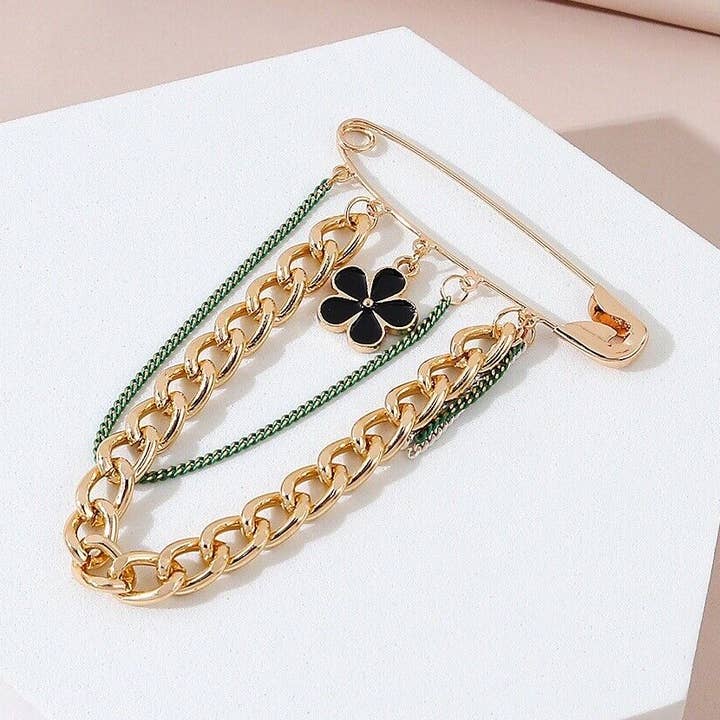 Modische Anstecknadel/Brosche aus schwarzer Emaille mit goldenen und grünen Ketten für den Großhandel von Fleur de lys collections
