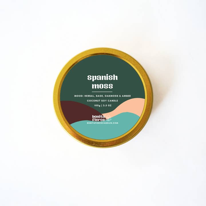 Bonita Fierce Candles - Wholesale Travel Candles - Spanish Moss Candle Tin | Herbal Sage, Oakmoss & Amber1