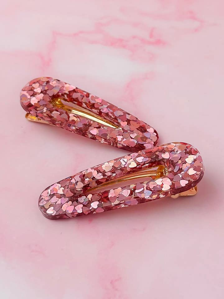 Romance - Pink Heart Glitter Resin Hair Clips for wholesale by ThatsSewLauraUk