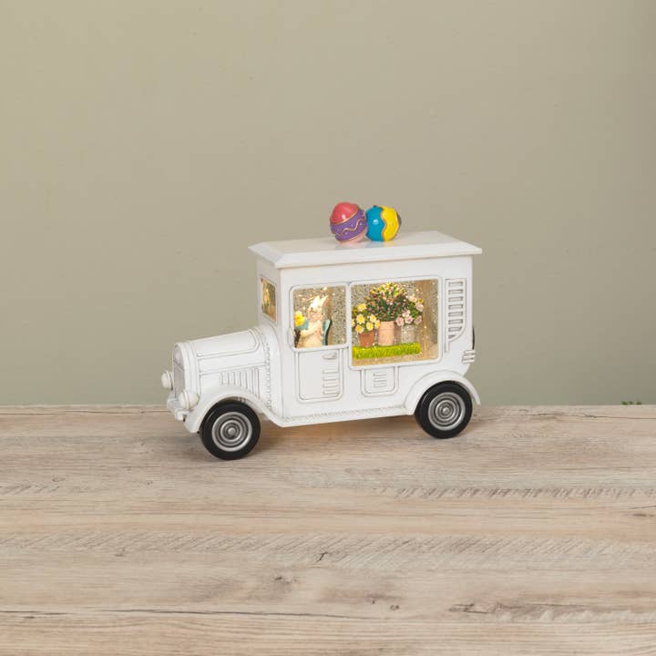 The Gerson Companies - Wholesale Decorative Tabletop Object - 10.6"L B/O Lighted Easter Truck Spinning Water Globe