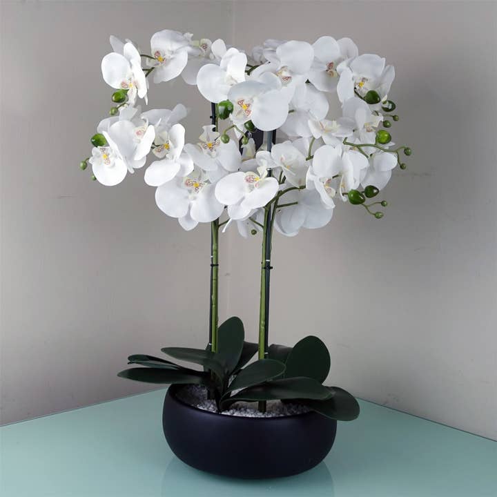 Leaf Design UK LTD โ wholesale Artificial flowers โ Orchid White Black Ceramic Planter