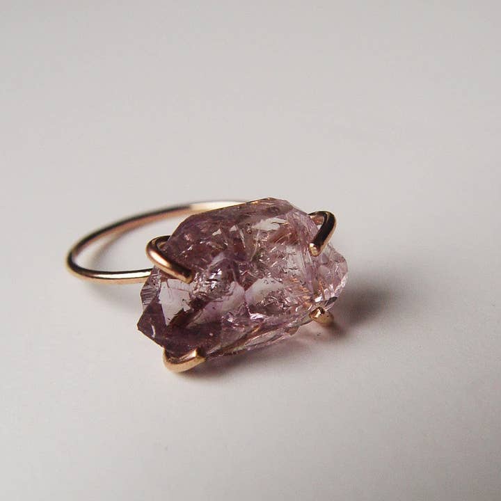 Friedasophie - Wholesale Single Stone/Solitaire Ring - Amethyst Herkimer Gold Ring, Raw Amethyst Crystal Ring